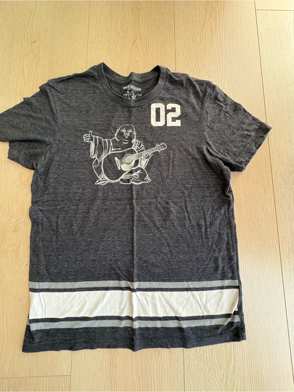 True Religion Charcoal Graphic Tee with Buddha Guitar and '02